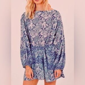Free People Blue Printed Boho Open Back Mini Dress